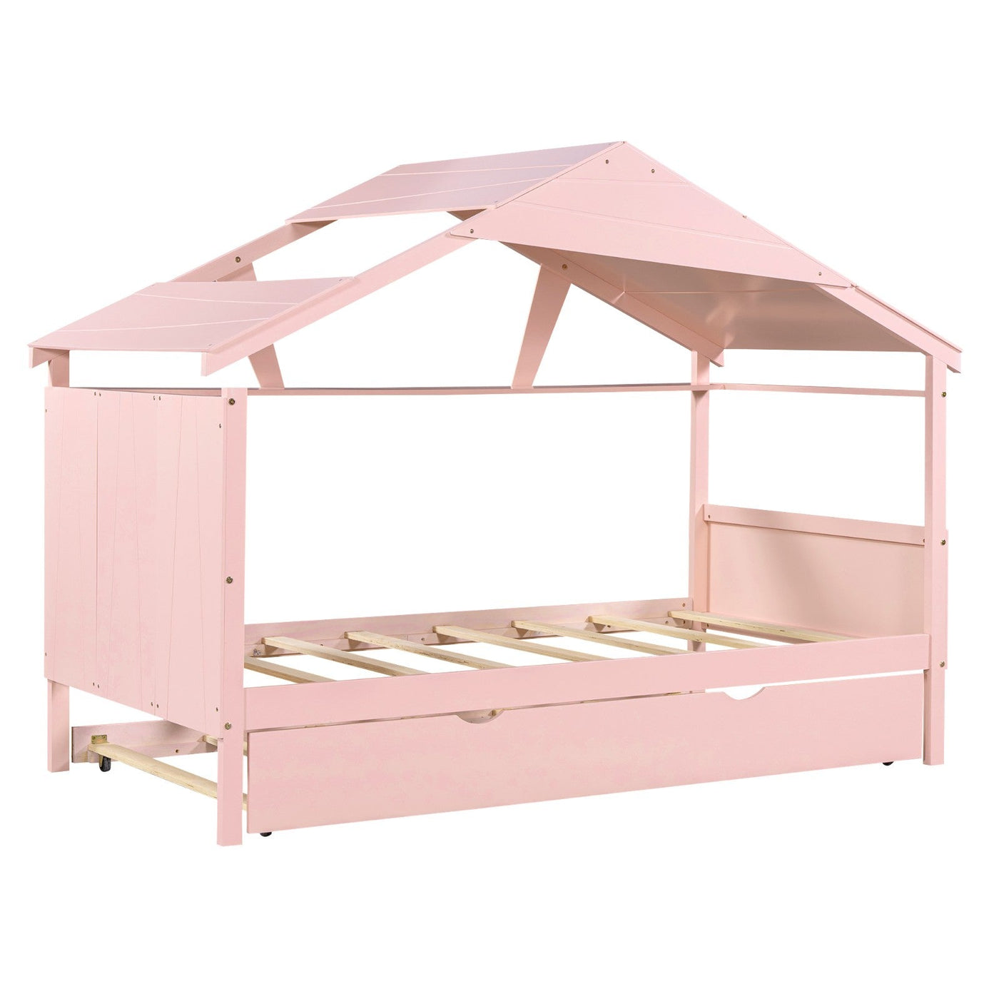 Twin Size Wood House Bed With Trundle And Storage Drawers
