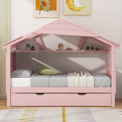 Twin Size Wood House Bed With Trundle And Storage Drawers