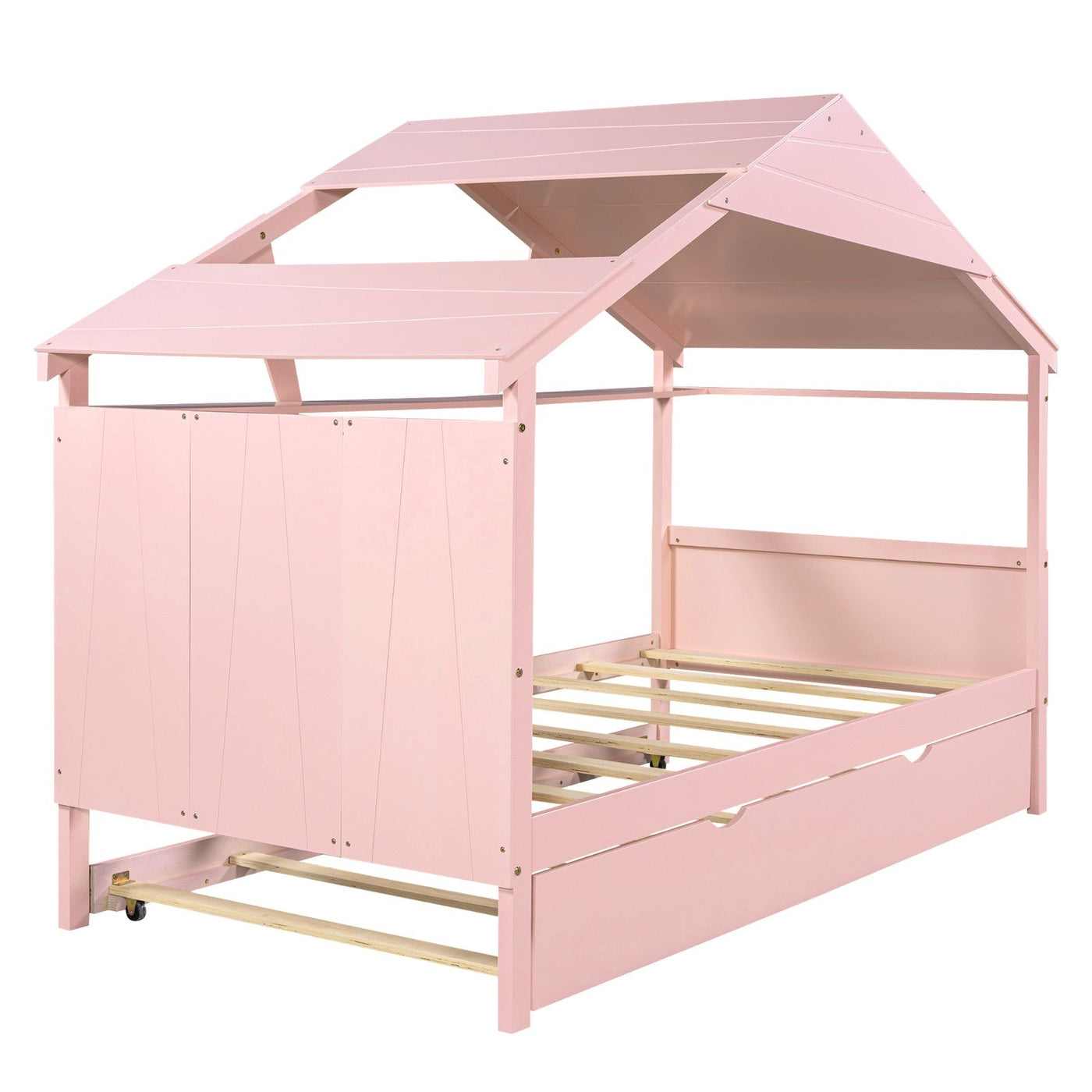 Twin Size Wood House Bed With Trundle And Storage Drawers