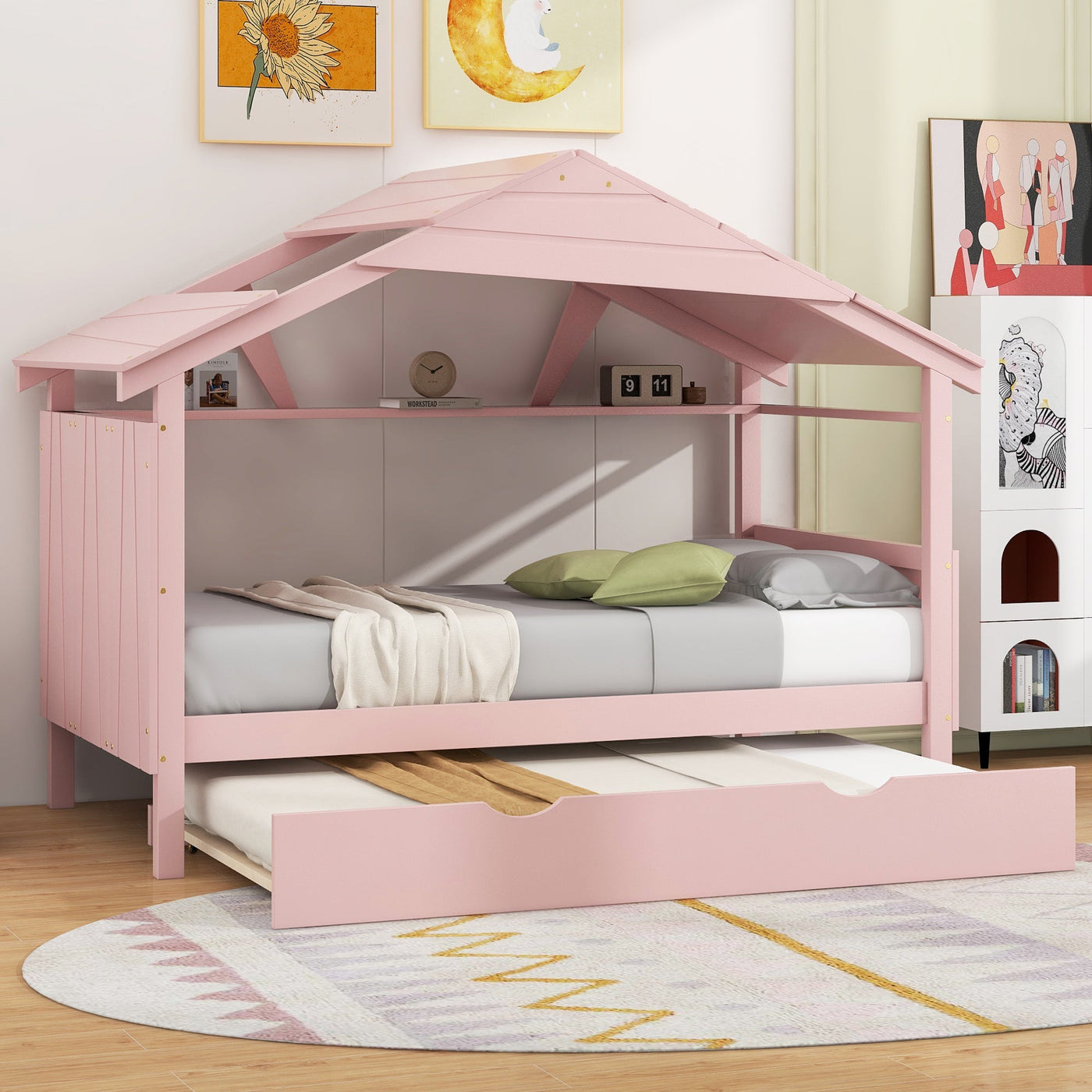 Twin Size Wood House Bed With Trundle And Storage Drawers