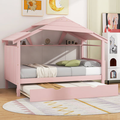 Twin Size Wood House Bed With Trundle And Storage Drawers