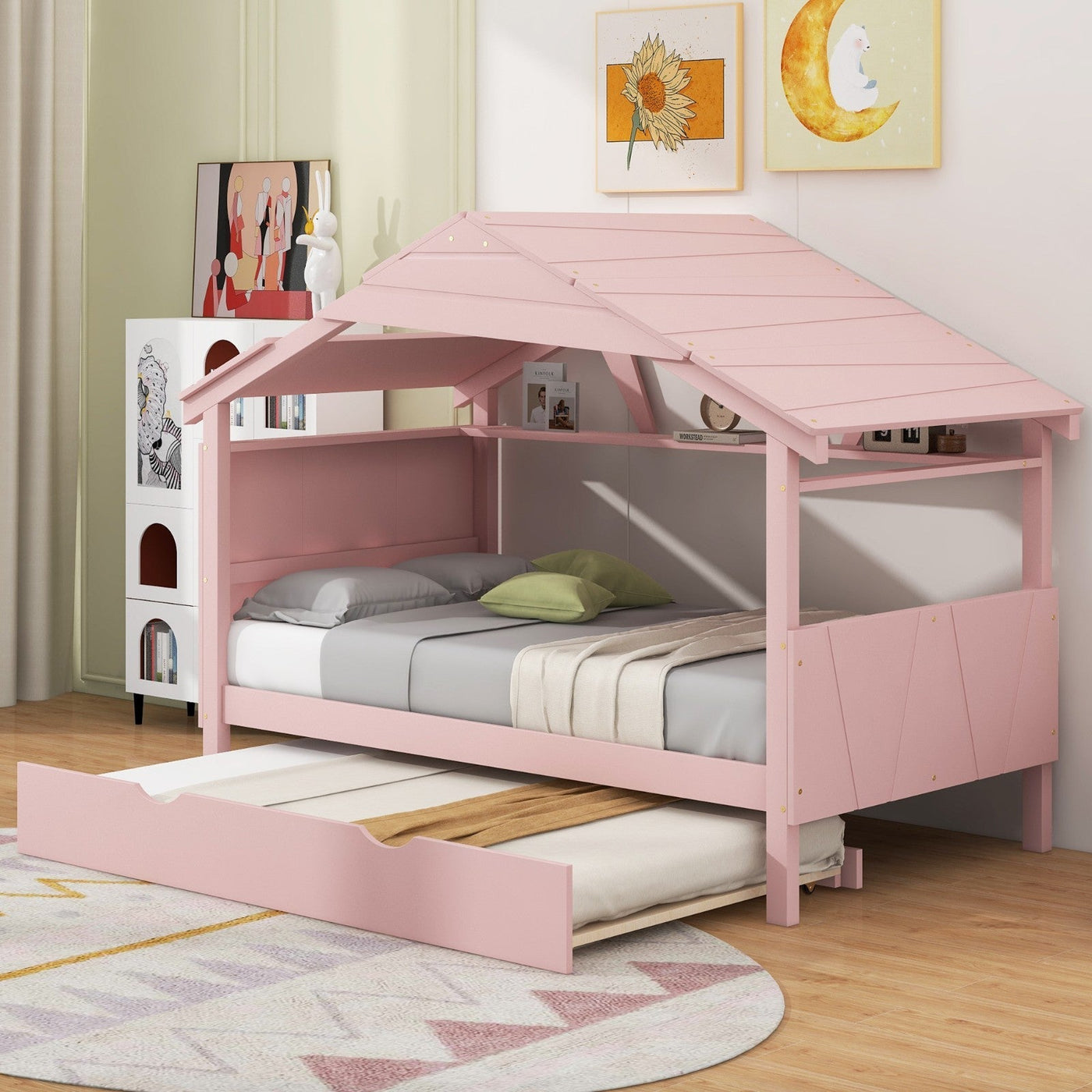 Twin Size Wood House Bed With Trundle And Storage Drawers