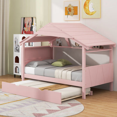 Twin Size Wood House Bed With Trundle And Storage Drawers