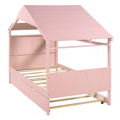 Twin Size Wood House Bed With Trundle And Storage Drawers