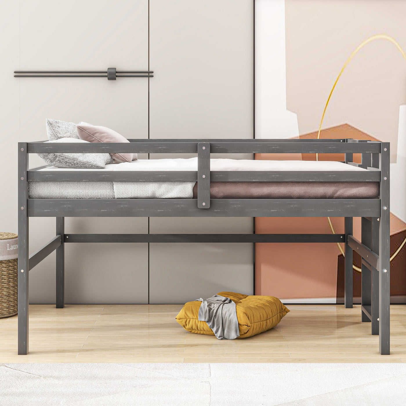 Twin Size Wood Loft Bed With Sturdy Side Ladder For Kids