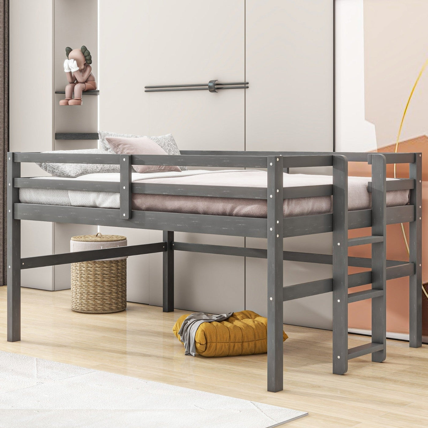 Twin Size Wood Loft Bed With Sturdy Side Ladder For Kids