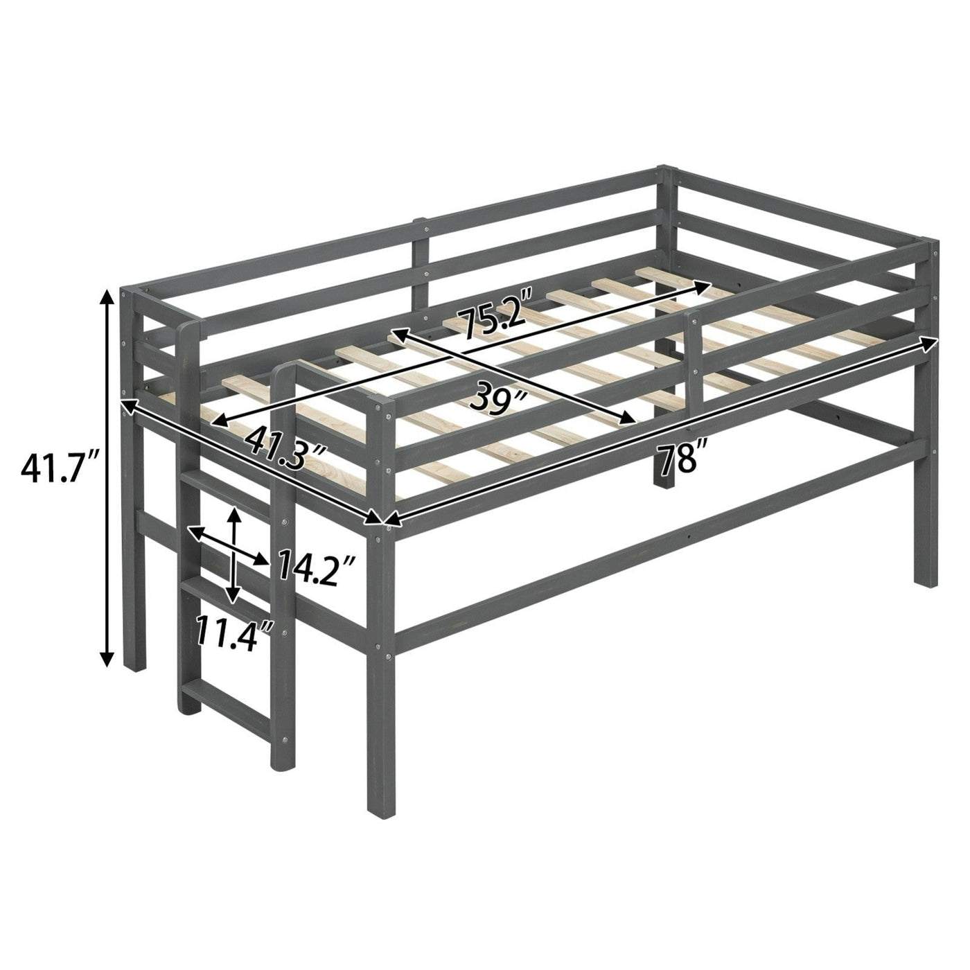Twin Size Wood Loft Bed With Sturdy Side Ladder For Kids