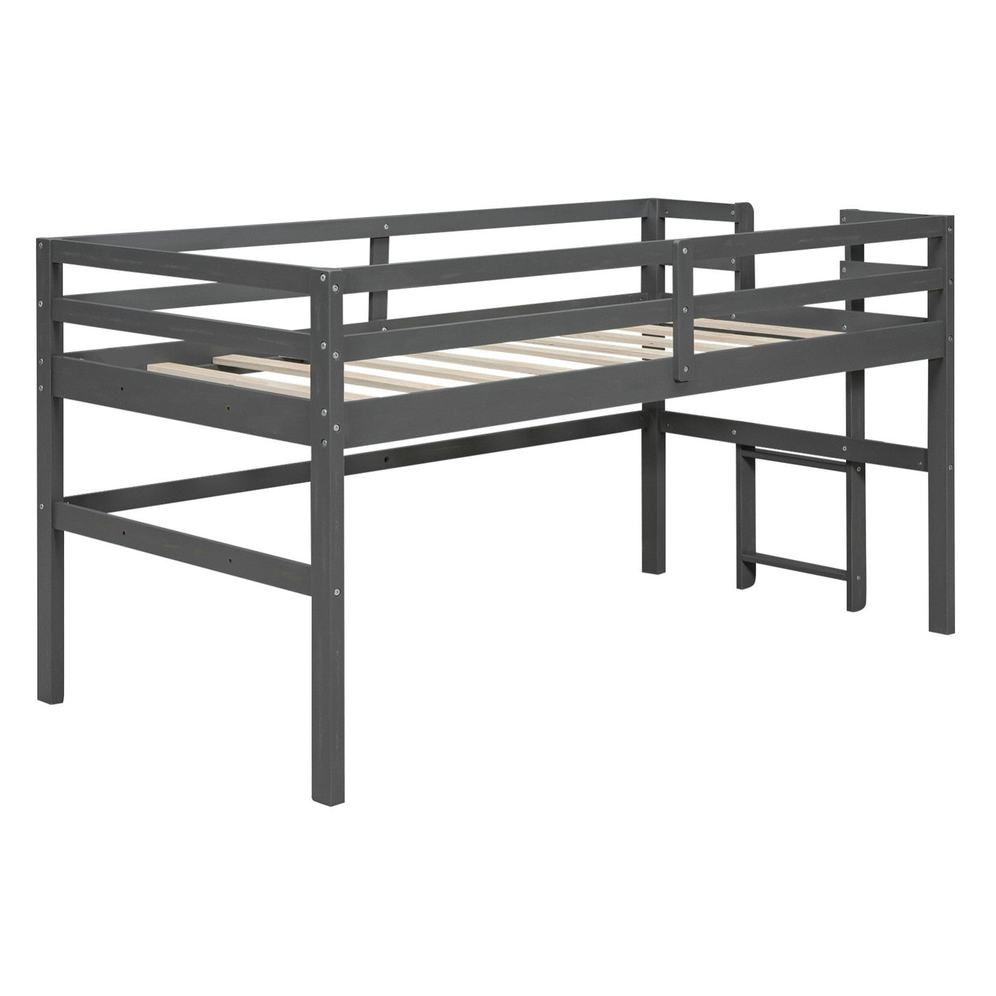 Twin Size Wood Loft Bed With Sturdy Side Ladder For Kids