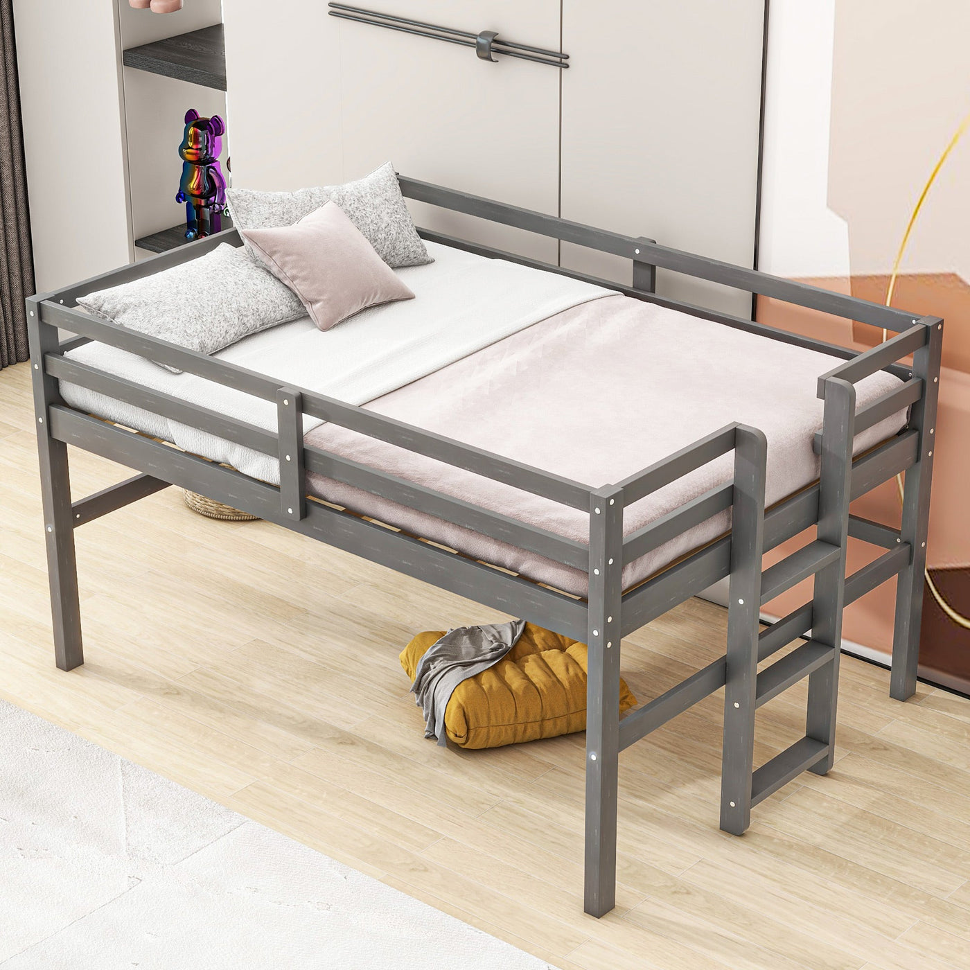 Twin Size Wood Loft Bed With Sturdy Side Ladder For Kids
