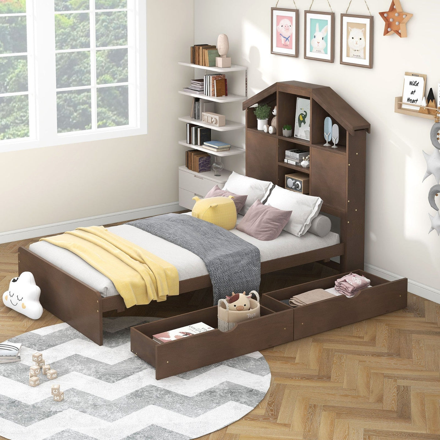 Twin Size Wood Platform Bed With House Storage Headboard And Drawers
