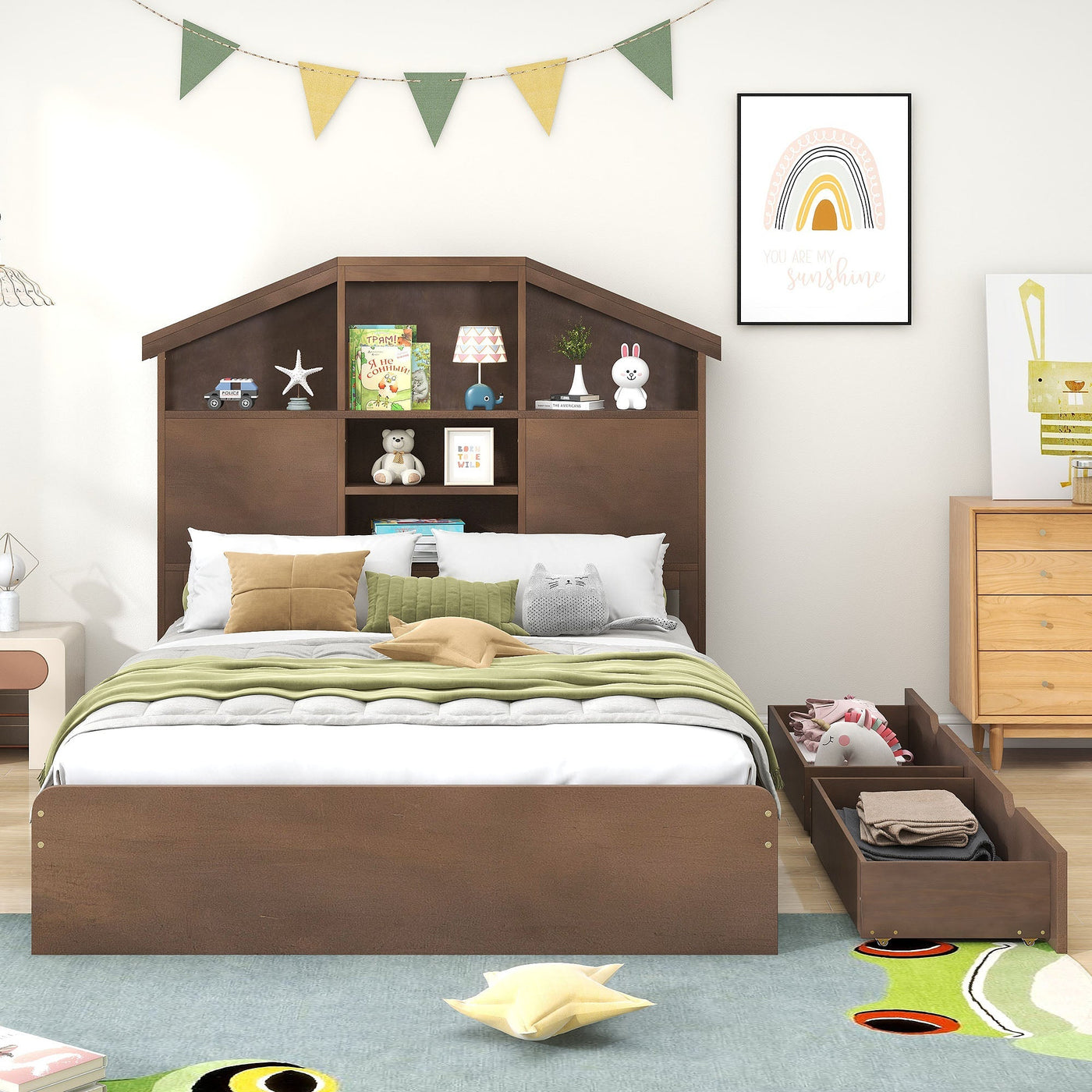 Twin Size Wood Platform Bed With House Storage Headboard And Drawers
