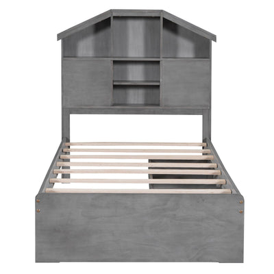 Twin Size Wood Platform Bed With House Storage Headboard And Drawers