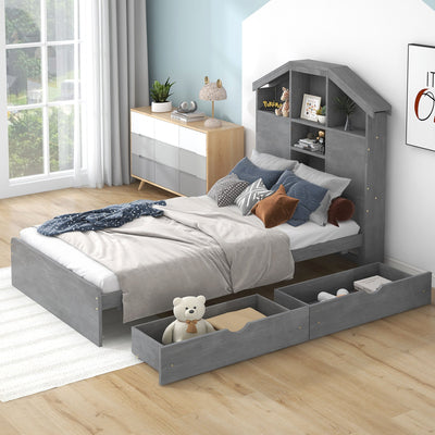 Twin Size Wood Platform Bed With House Storage Headboard And Drawers