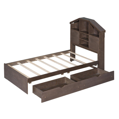 Twin Size Wood Platform Bed With House Storage Headboard And Drawers