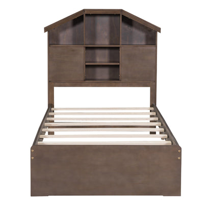 Twin Size Wood Platform Bed With House Storage Headboard And Drawers