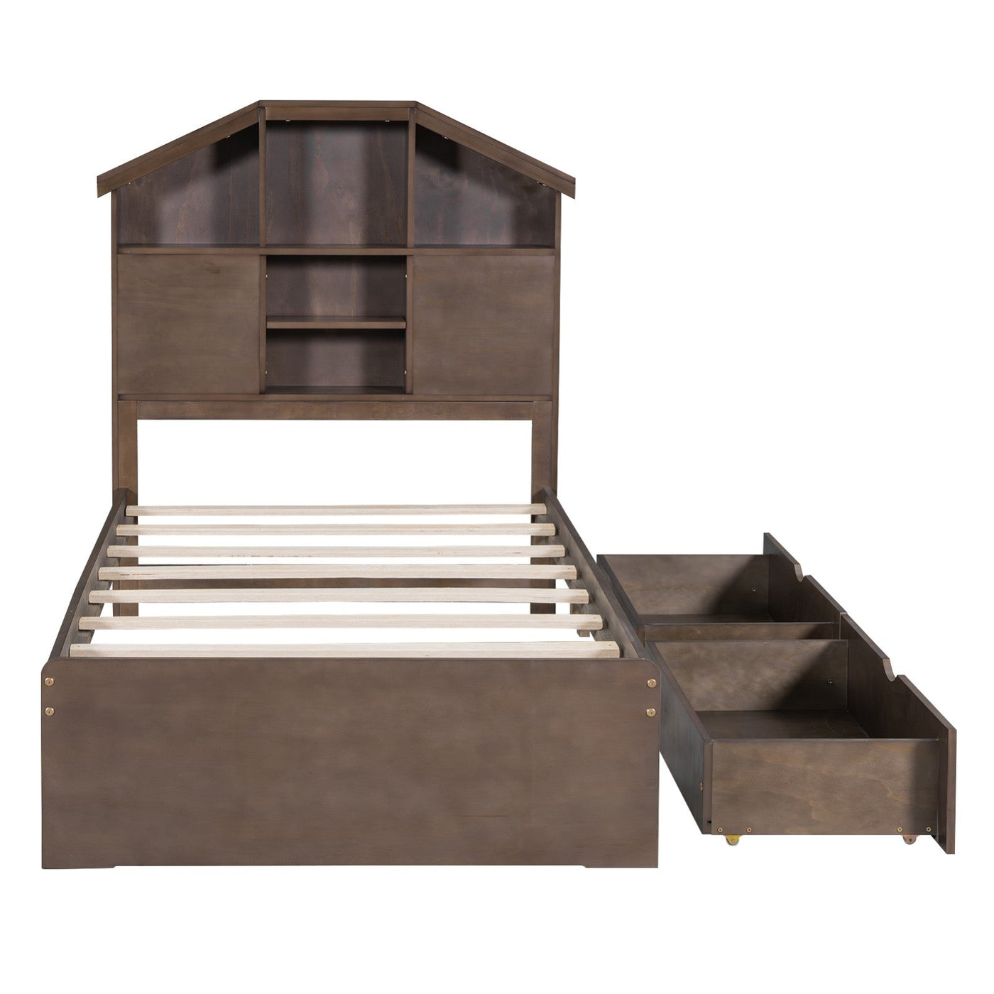 Twin Size Wood Platform Bed With House Storage Headboard And Drawers