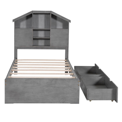 Twin Size Wood Platform Bed With House Storage Headboard And Drawers