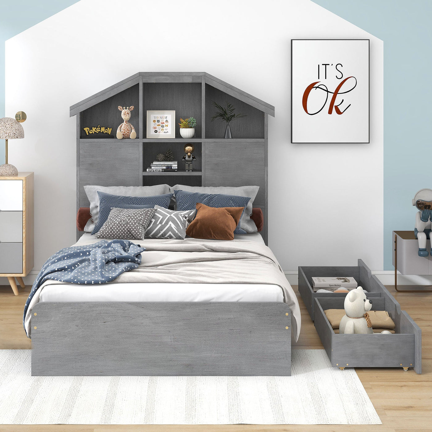 Twin Size Wood Platform Bed With House Storage Headboard And Drawers