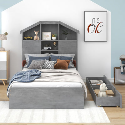 Twin Size Wood Platform Bed With House Storage Headboard And Drawers