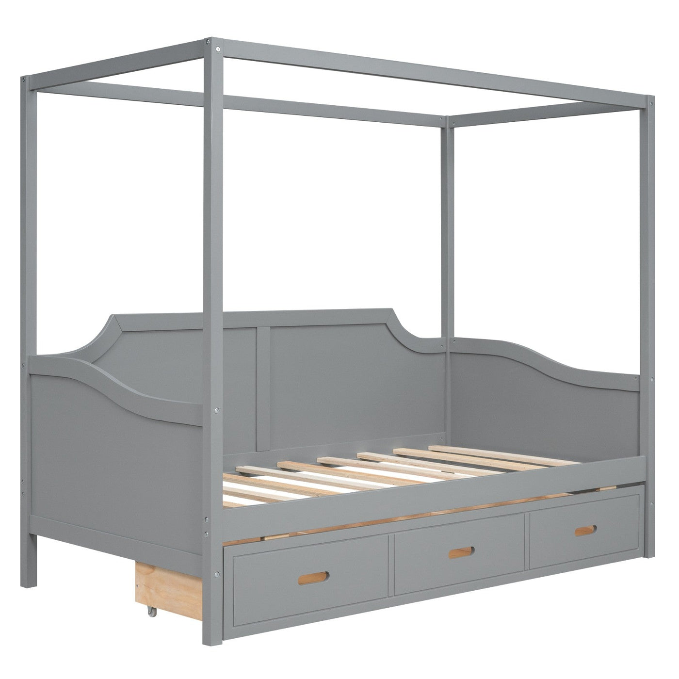 Twin-Size Wooden Canopy Daybed With Storage Drawers And Shelves