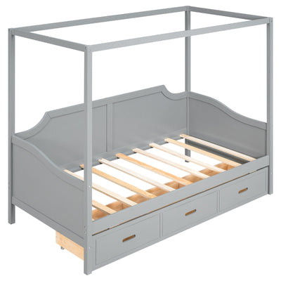 Twin-Size Wooden Canopy Daybed With Storage Drawers And Shelves