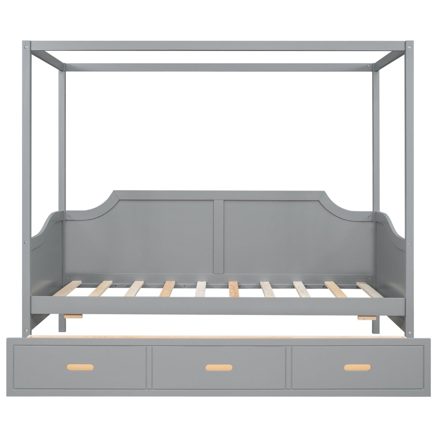 Twin-Size Wooden Canopy Daybed With Storage Drawers And Shelves