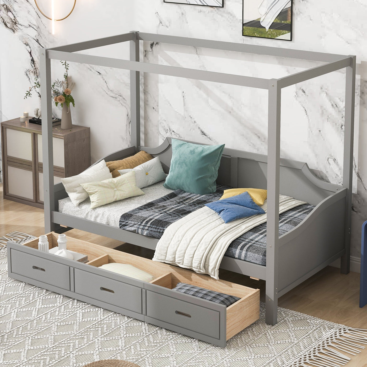 Twin-Size Wooden Canopy Daybed With Storage Drawers And Shelves