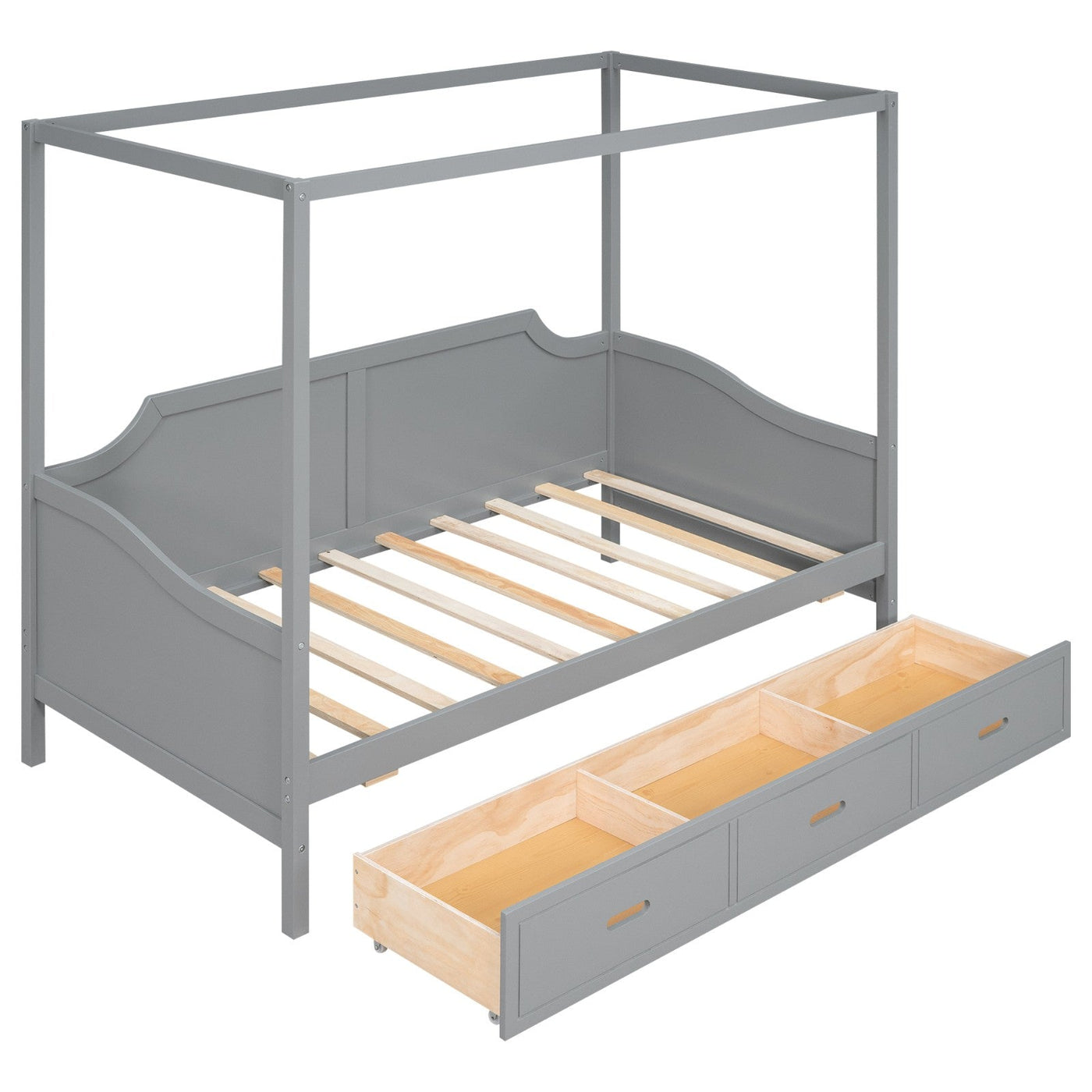 Twin-Size Wooden Canopy Daybed With Storage Drawers And Shelves