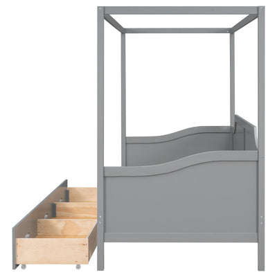 Twin-Size Wooden Canopy Daybed With Storage Drawers And Shelves