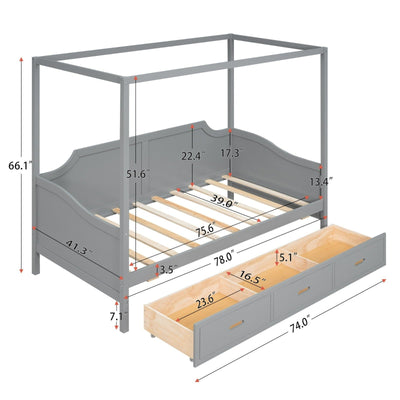 Twin-Size Wooden Canopy Daybed With Storage Drawers And Shelves