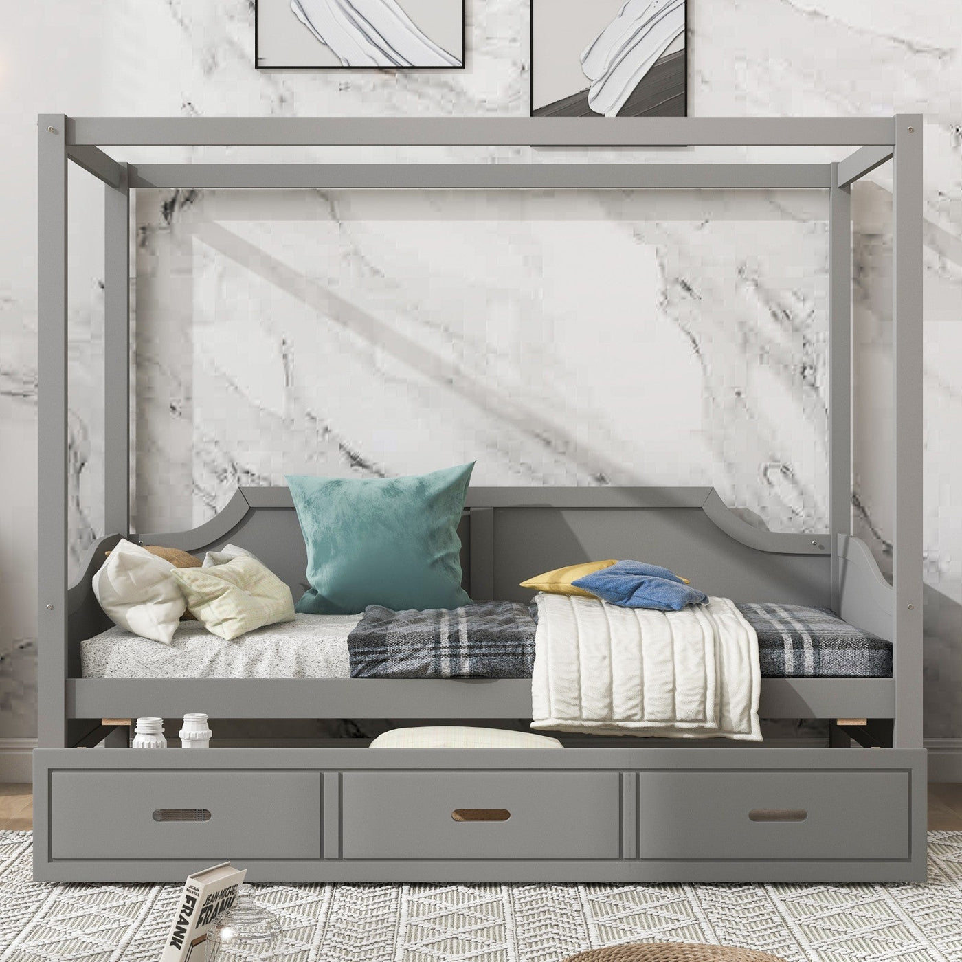 Twin-Size Wooden Canopy Daybed With Storage Drawers And Shelves