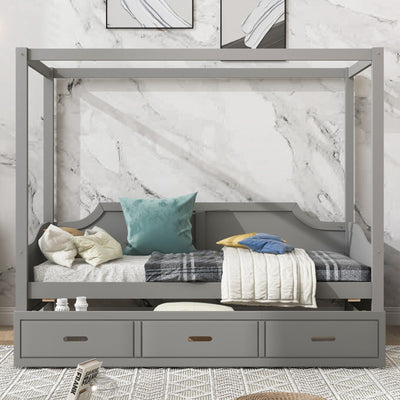 Twin-Size Wooden Canopy Daybed With Storage Drawers And Shelves