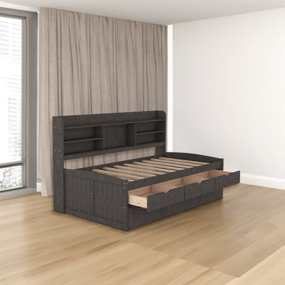 Twin Size Wooden Captain Bed With Storage Drawers And Trundle