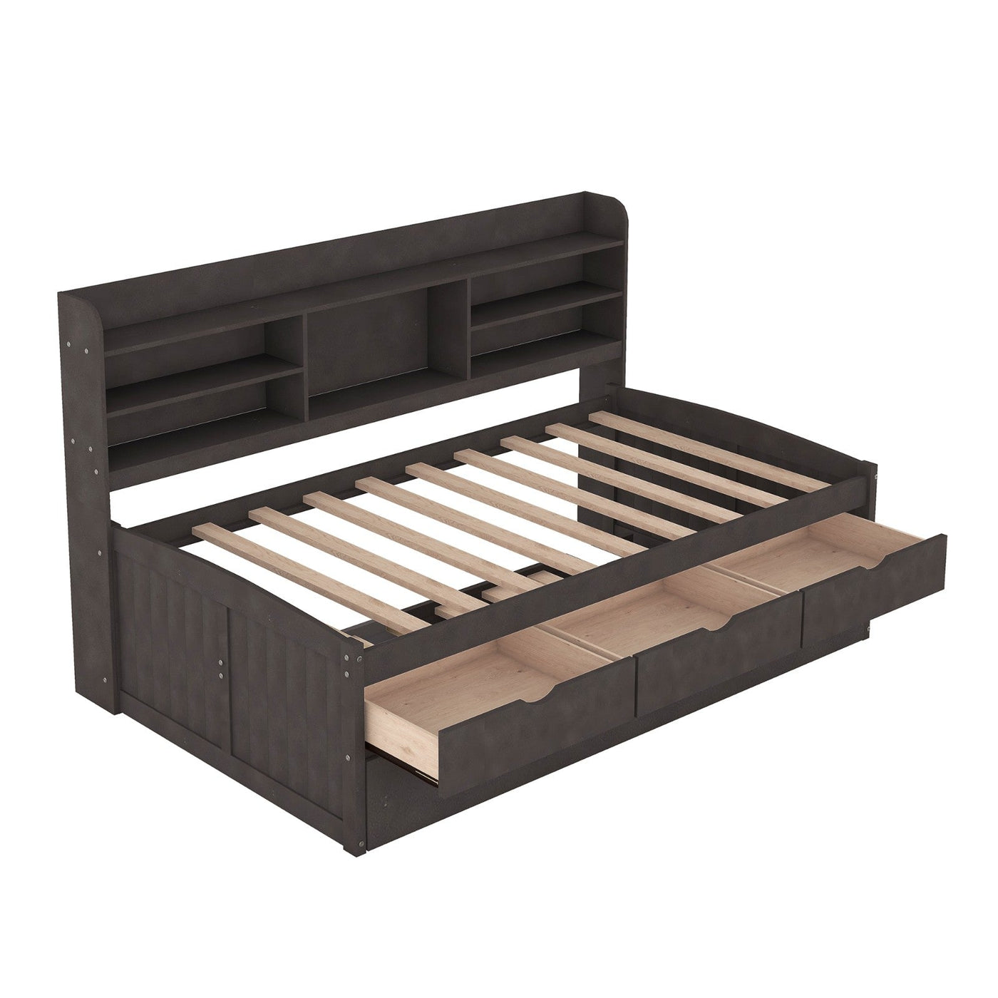 Twin Size Wooden Captain Bed With Storage Drawers And Trundle