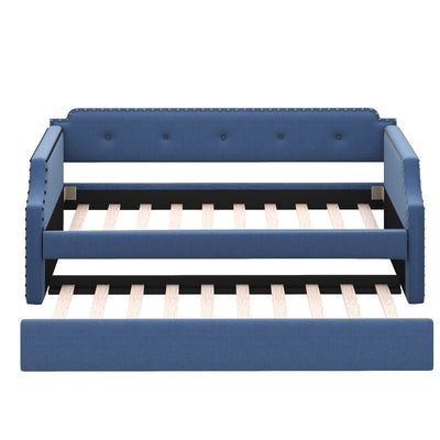 Upholstered Daybed With Trundle And Wood Slat Support Sofa Bed