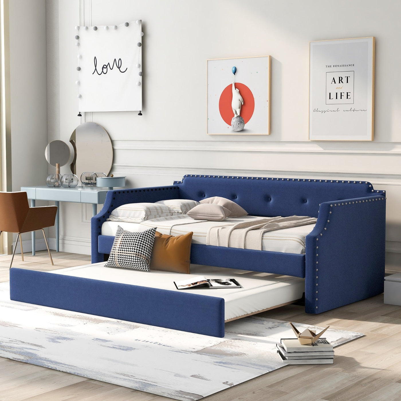 Upholstered Daybed With Trundle And Wood Slat Support Sofa Bed