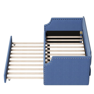 Upholstered Daybed With Trundle And Wood Slat Support Sofa Bed