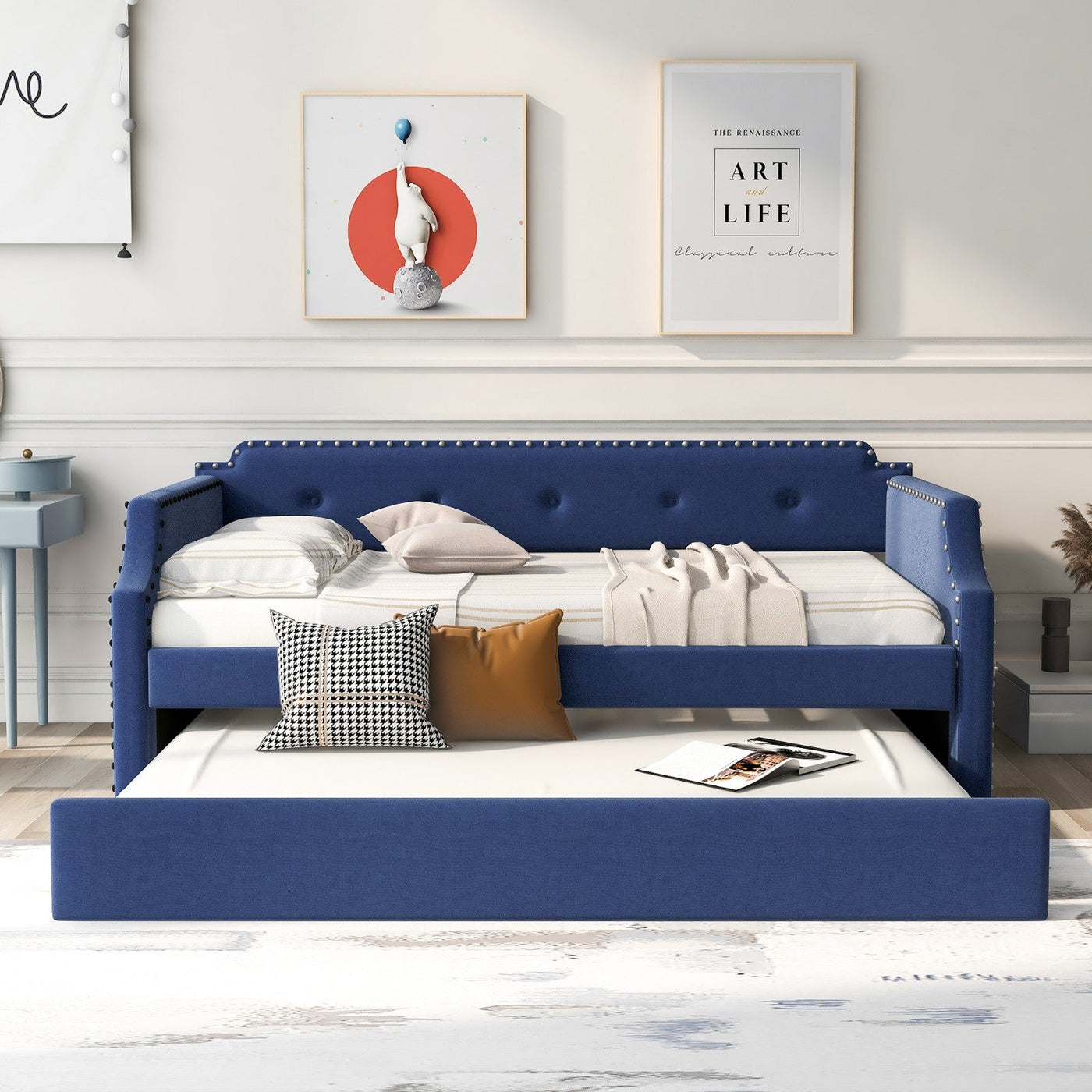 Upholstered Daybed With Trundle And Wood Slat Support Sofa Bed