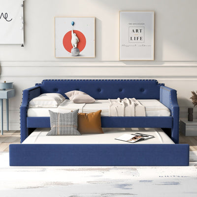 Upholstered Daybed With Trundle And Wood Slat Support Sofa Bed
