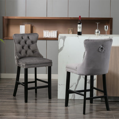 Velvet Padded Bar Chair Set With Button Cluster And Wooden Legs