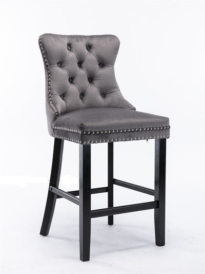 Velvet Padded Bar Chair Set With Button Cluster And Wooden Legs