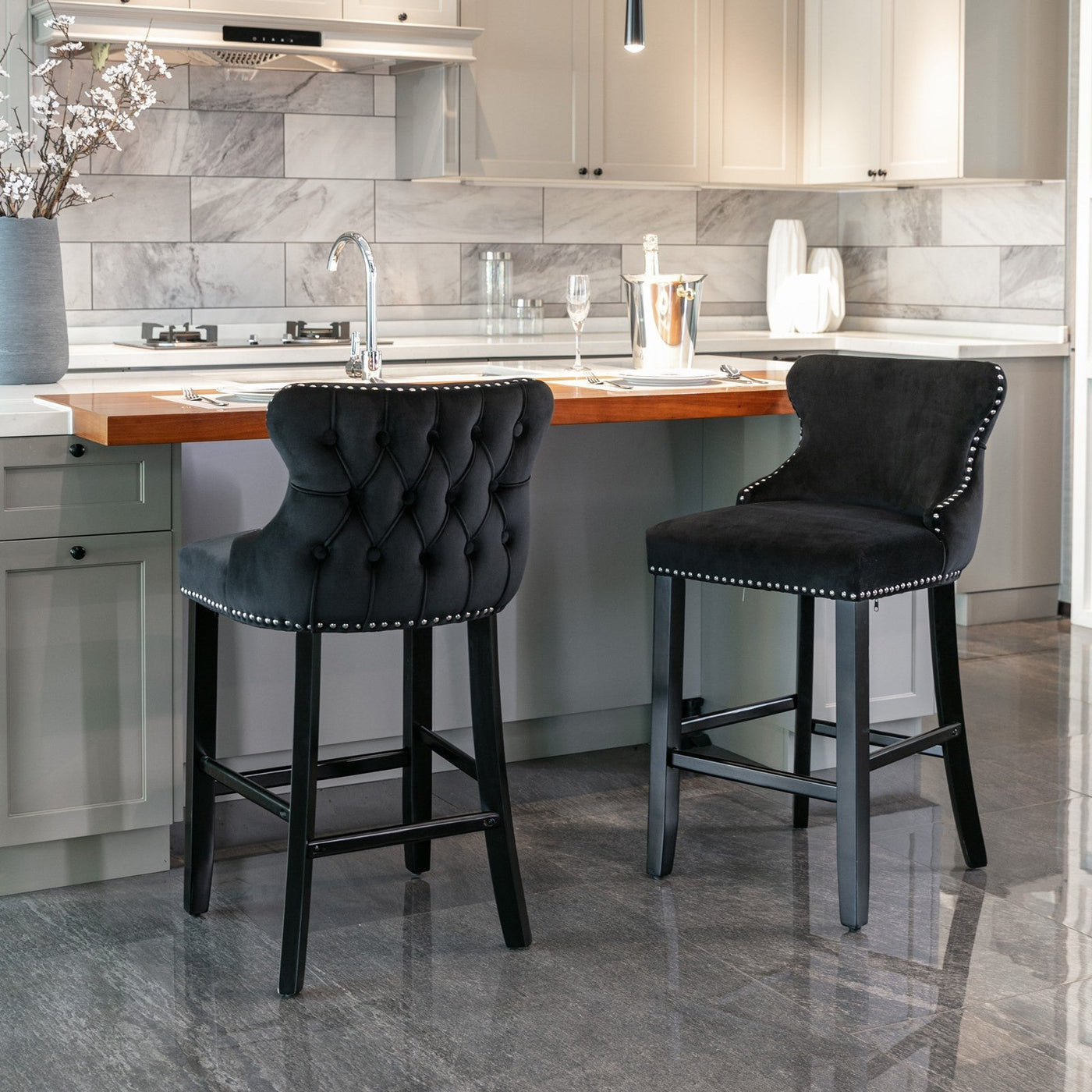 Velvet Wingback Bar Stool Set With Button Tufted Upholstery And Wooden Legs