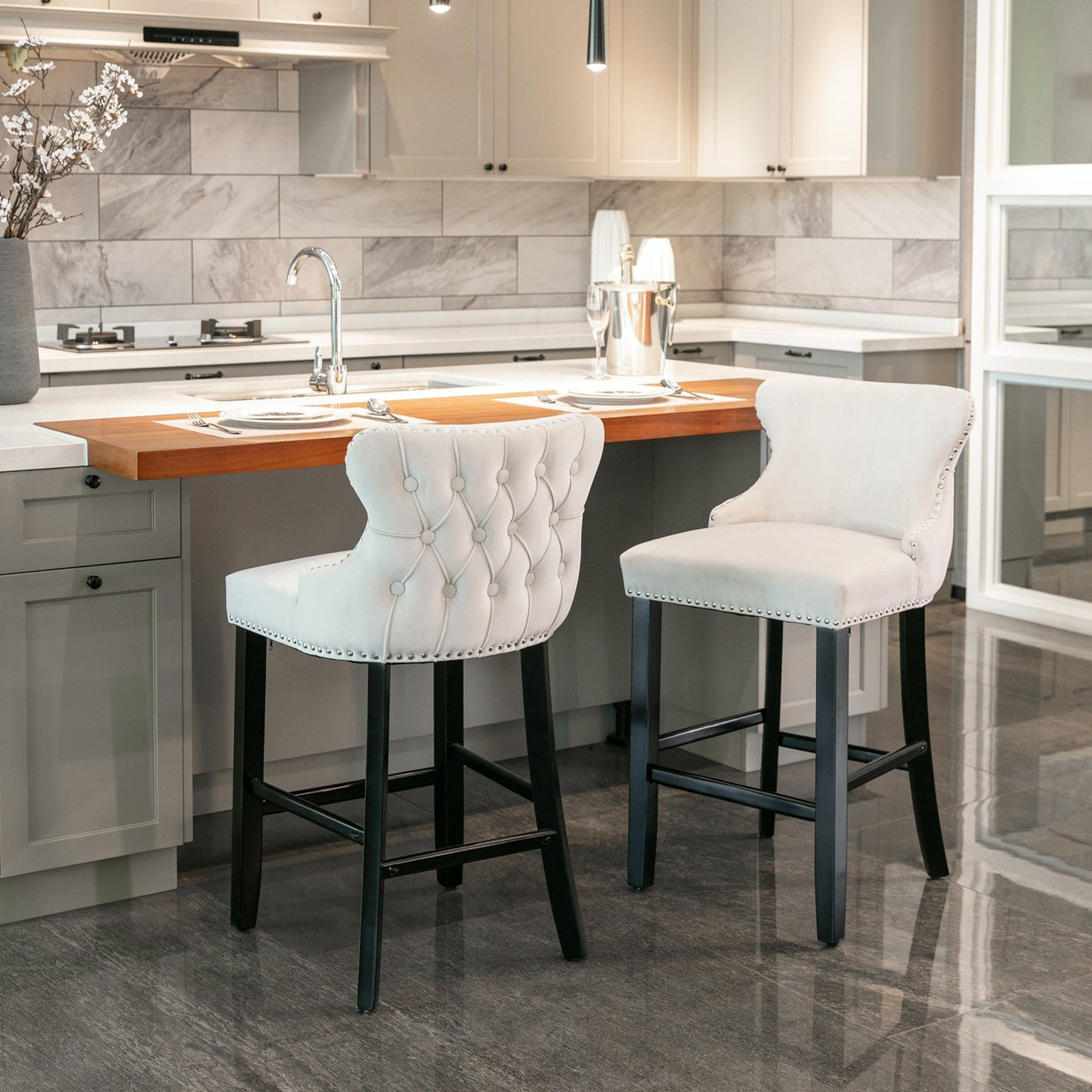 Velvet Wingback Bar Stool Set With Button Tufted Upholstery And Wooden Legs