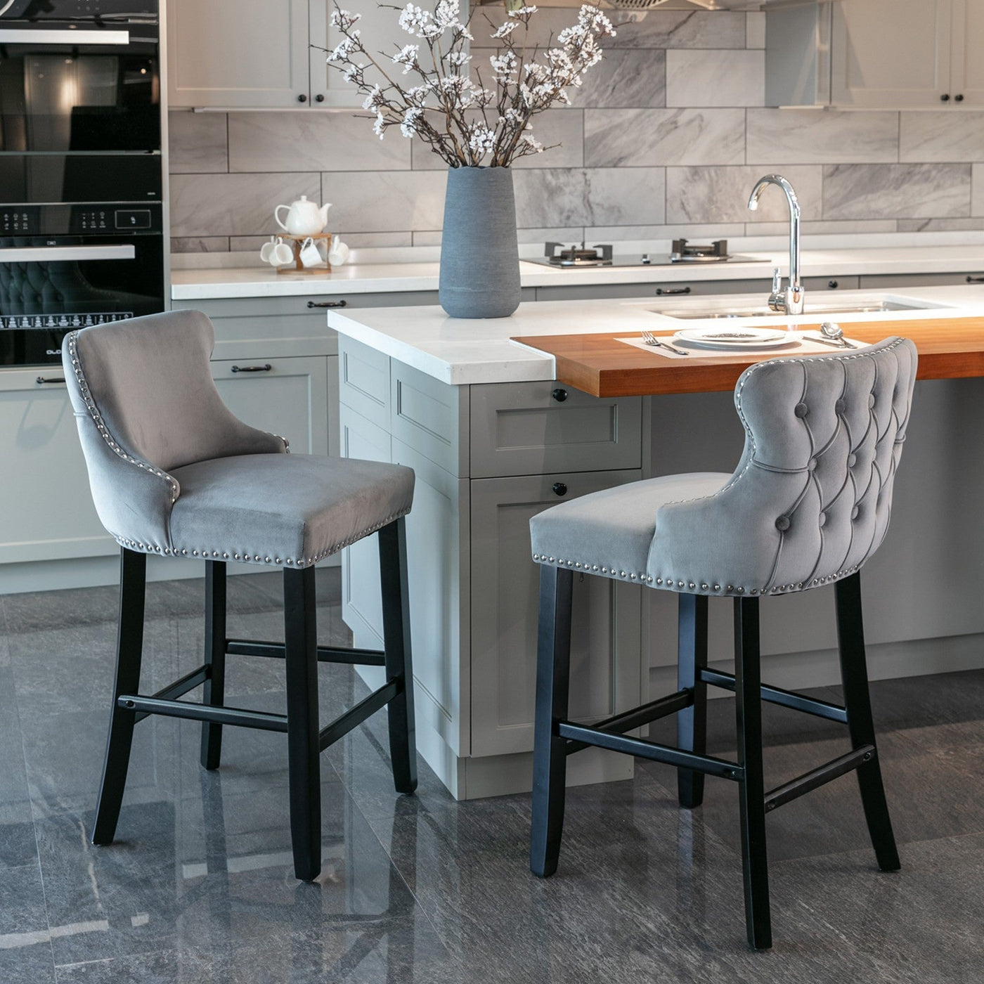 Velvet Wingback Bar Stool Set With Button Tufted Upholstery And Wooden Legs