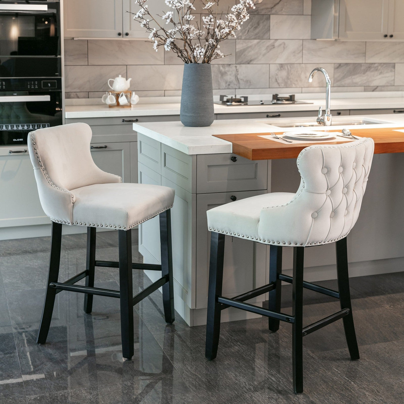 Velvet Wingback Bar Stool Set With Button Tufted Upholstery And Wooden Legs