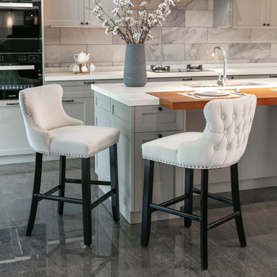 Velvet Wingback Bar Stool Set With Button Tufted Upholstery And Wooden Legs