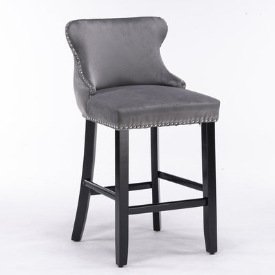 Velvet Wingback Bar Stool Set With Button Tufted Upholstery And Wooden Legs