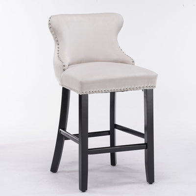 Velvet Wingback Bar Stool Set With Button Tufted Upholstery And Wooden Legs
