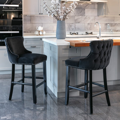Velvet Wingback Bar Stool Set With Button Tufted Upholstery And Wooden Legs