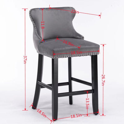 Velvet Wingback Bar Stool Set With Button Tufted Upholstery And Wooden Legs
